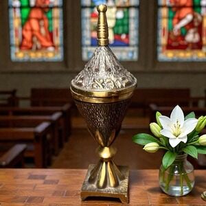 Vintage Ornate Brass Incense Burner with Lid Etched Small Top Screws On